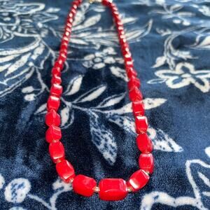 Vintage Red Bead Gold Accent Necklace
